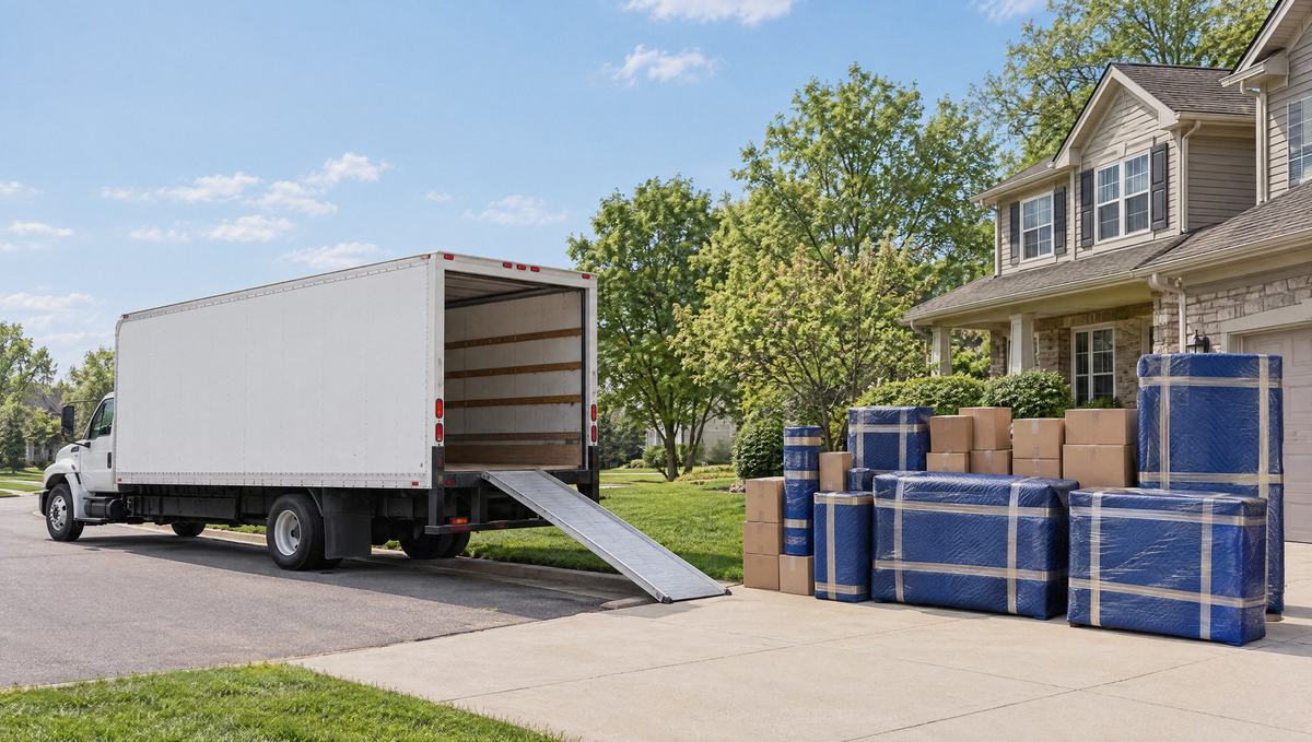 A moving truck at a Minnesota home, ramp down, with furniture fully wrapped in blue moving pads staged in the driveway
