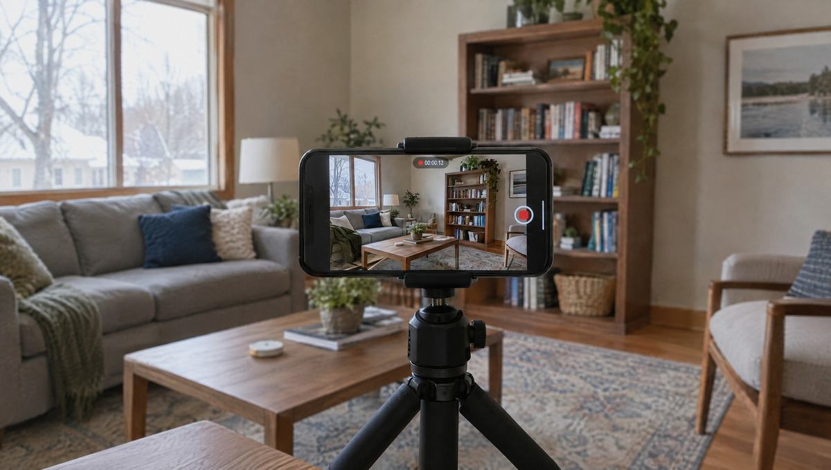 A phone on a small tripod recording a living room for a video walkthrough