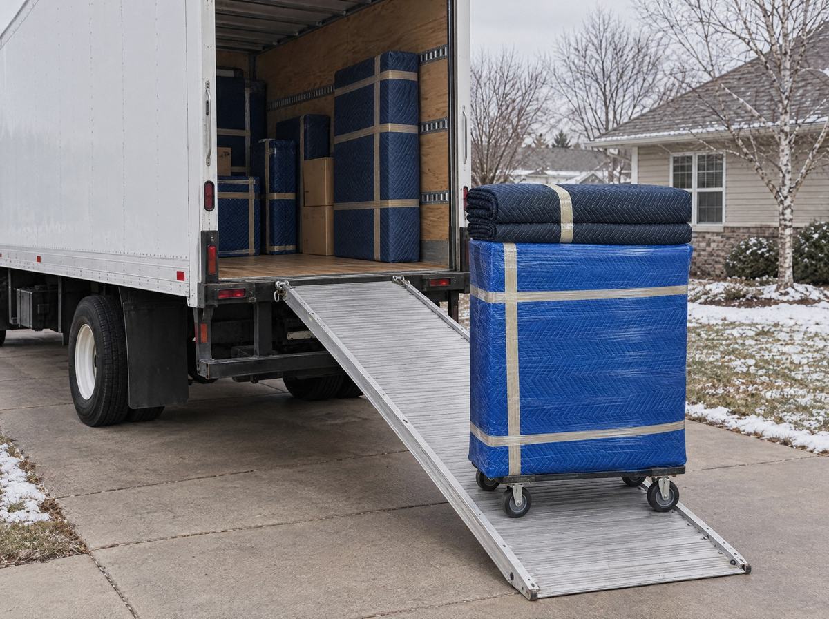 A pad wrapped dresser strapped to a dolly at the foot of the truck ramp, ready to load