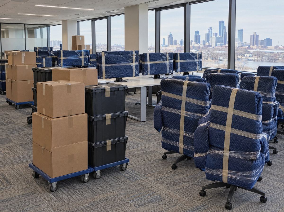 An office move: desks cleared, chairs and monitors pad wrapped, crates on dollies