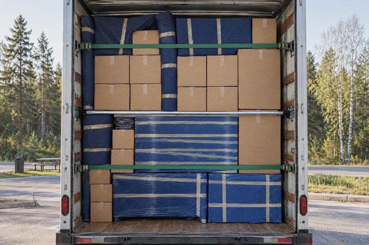 The back of a truck packed floor to ceiling with pad wrapped furniture and boxes, strapped for a long drive