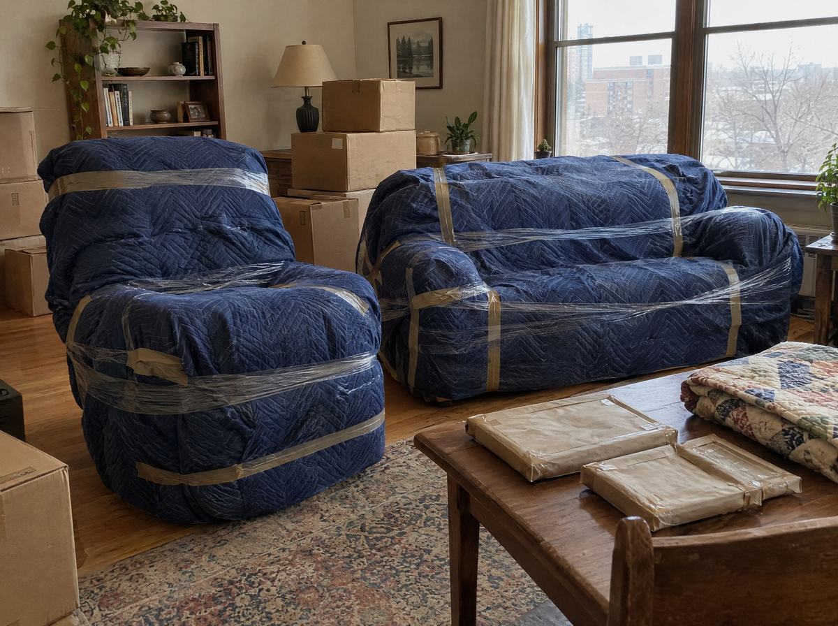 A cozy apartment on moving day: a recliner and sofa wrapped in moving blankets, labeled boxes and wrapped photos