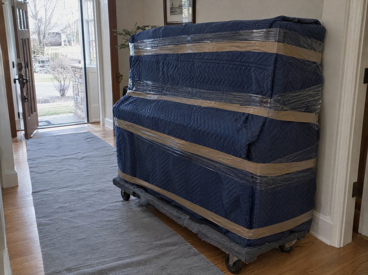 An upright piano fully enclosed in moving blankets on a piano dolly, the floor protected